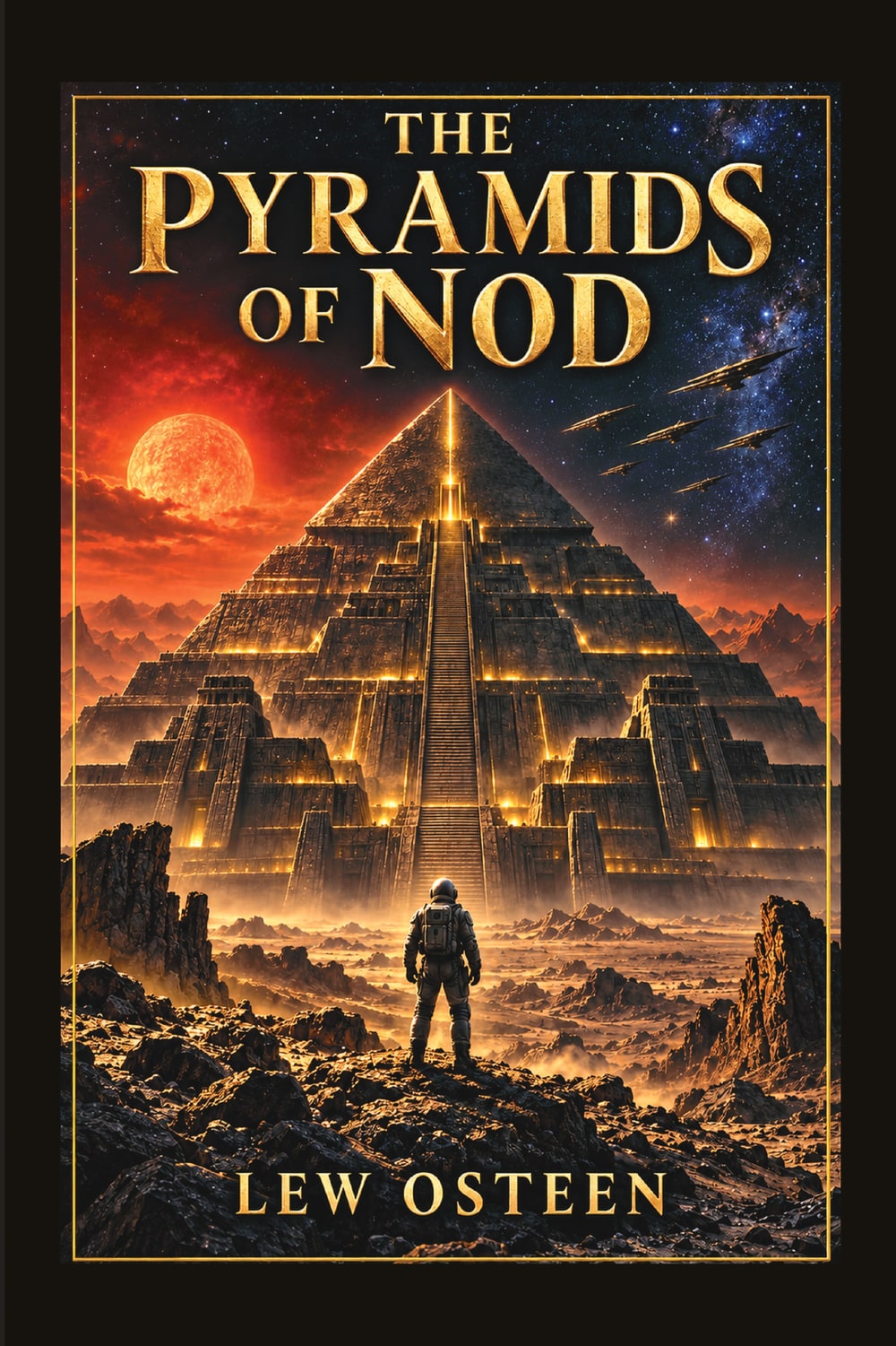 Cover of The Pyramids of Nod by Lew Osteen — a glowing golden pyramid on an alien desert world beneath a red sun and starfield
